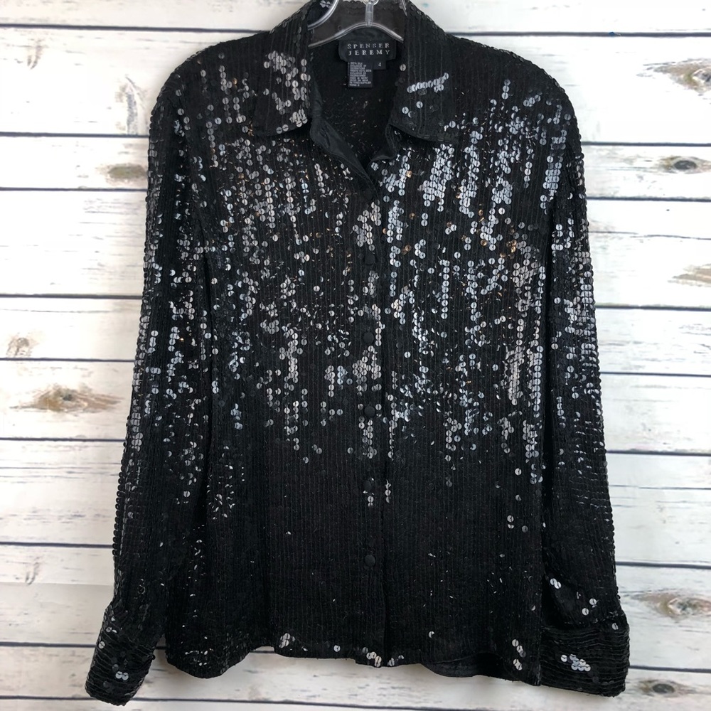 Just REDUCED - Spenser Jeremy size 4 100% silk black sequin shirt